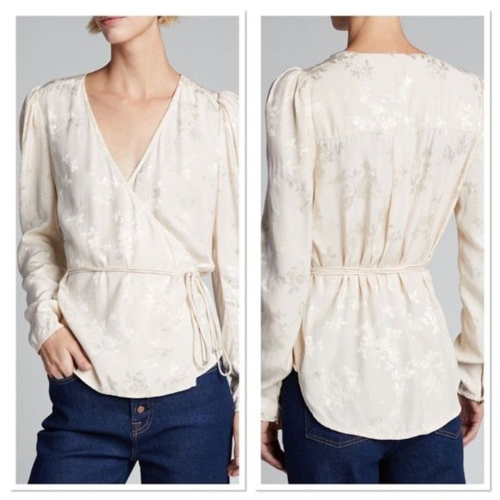 Veronica Beard Ivory Eden Wrap Tie Front Long Sleeve Puff Shoulder Blouse 4